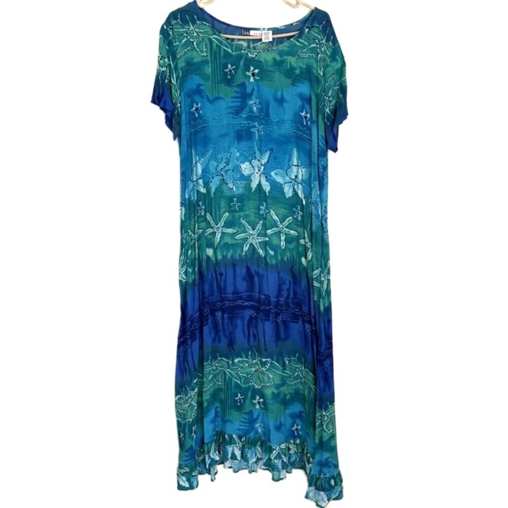 La Cera Blue Green Tie-Dye Floral Rayon Short Sleeve Maxi Dress Size L Boho